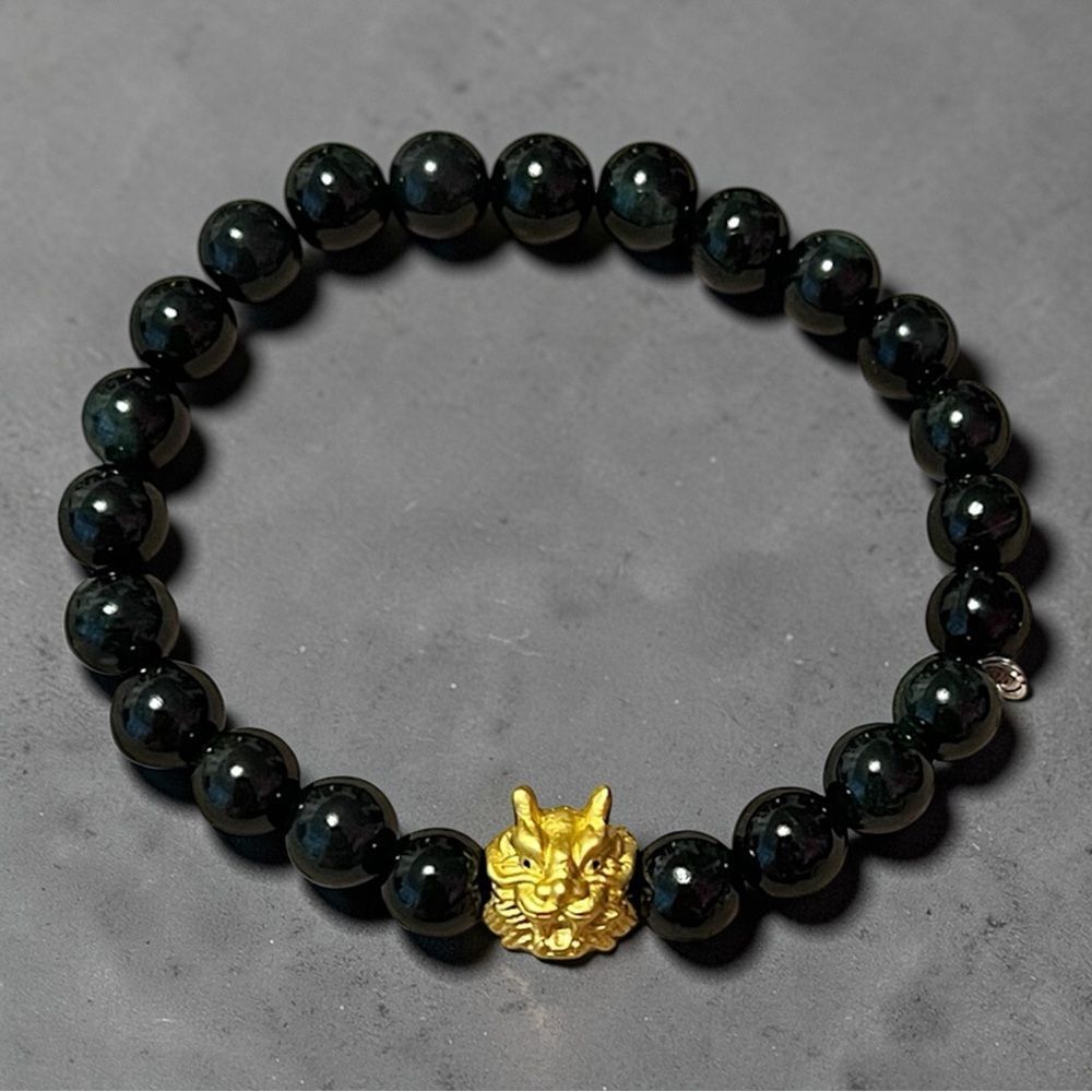 Grade A Black Wuji Jade Beaded Bracelet With Gold Dragon Charm With Certificate